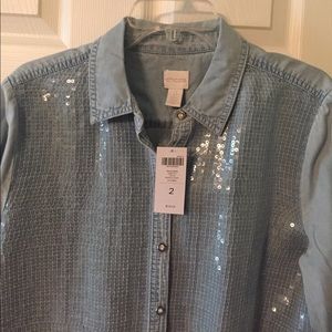 New! CHICO'S SEQUIN DENIM TABITHA BLOUSE SIZE 2